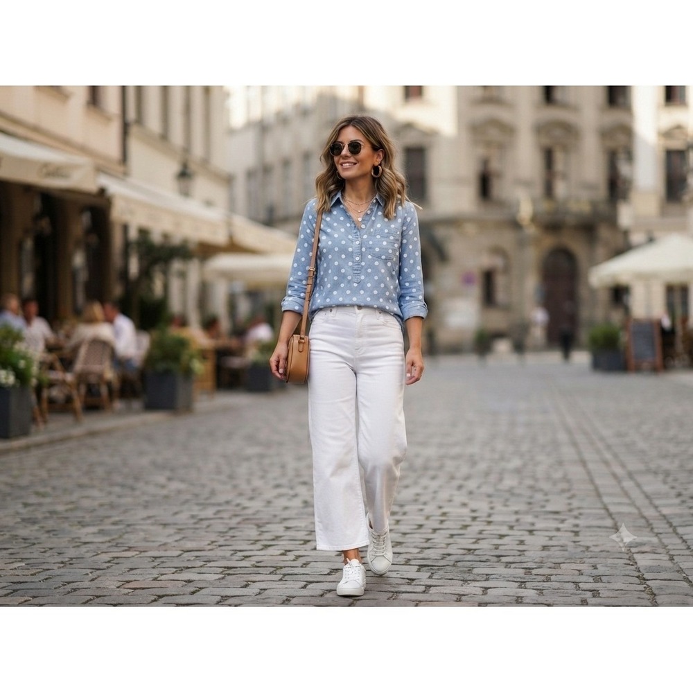 Tommy Hilfiger Womens Blue Polka Dot Chambray Popover Shirt Roll Tab Sleeve M‎